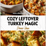 Creamy turkey and stuffing casserole in a baking dish topped with herbs perfect for holiday leftovers